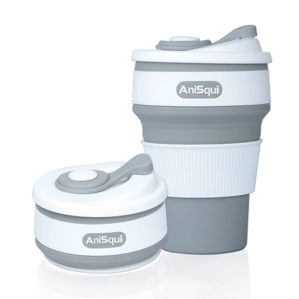 AniSqui Collapsible Coffee Cup Silicone with Lids (12oz 350ml, BPA Free Portable Coffee Cup), Foldable Mugs Collapsible Fits Your Pocket (Gray)