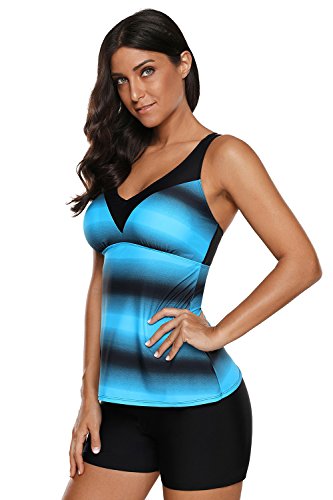 LEDAI Womens Criss Cross Back Color Block Print Tankini Top with Boyshorts Swimsuit (Blue, S)