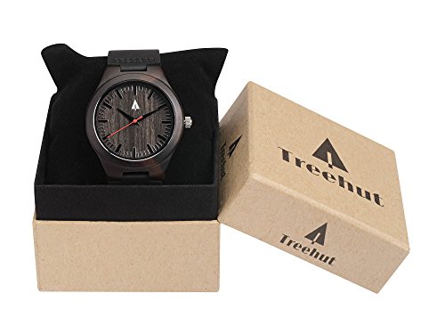 Treehut Mens Ebony Wooden Watch with Genuine Black Leather Strap Quartz Analo...