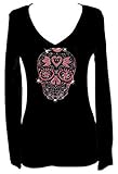Sugar Skull Day of Dead Rhinestone Womens V Neck Long Sleeve Tee Shirt