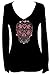 Sugar Skull Day of Dead Rhinestone Womens V Neck Long Sleeve Tee Shirt