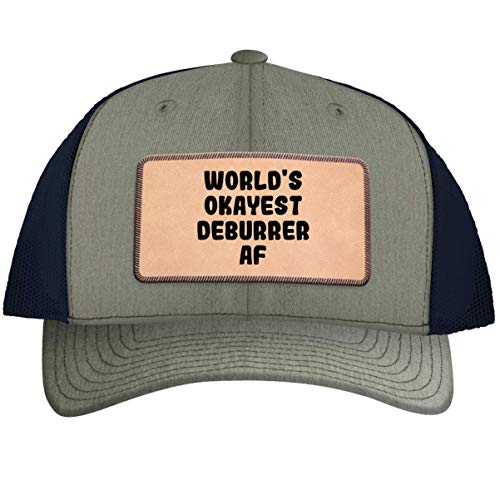 World's Okayest Deburrer - Leather Light Brown Patch Engraved Trucker Hat, Heather-Navy, One Size