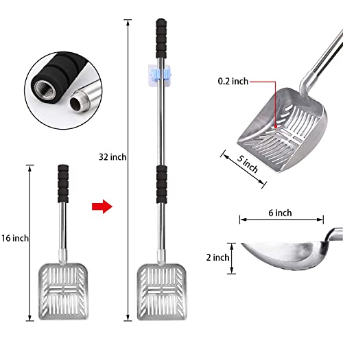 LYCC Cat Litter Scoop Metal Removable Stainless Steel Long Handle Cat Litter Screen Non-Stick Coated with Adjustable Handle and Soft Grip Heavy Duty Pet Cat Litter Shovel with 1 Pcs Hook