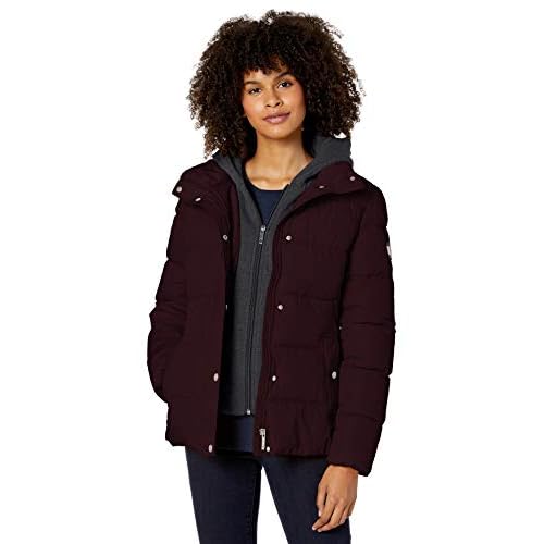 tommy hilfiger women's short down alternative jacket with zipout fleece hood