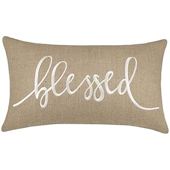 DecorHouzz Burlap Rustic Home Sweet Home Embroidered Decorative Lumbar Pillow Cover for Housewarming Guest Entryway Family Farmhouse Beach Porch Bench (Blessed (Natural), 12
