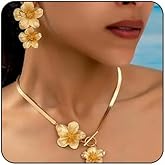 MarveBard Vintage Flower Necklace Earring Set Gold Snake Chain Necklace Bohemian Red Flowers Choker Necklaces Hypoallergenic Statement Flower Stud Earrings Elegant Bridal Wedding Summer Beach Jewelry