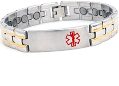 Men's Medical Alert Magnetic Therapy Bracelet - Stainless w/ Gold Plated Trim 8-in.