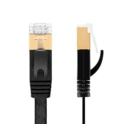 TNP Cat7 Shielded Ethernet Flat Patch Network Cable 50 ft - 10Gbps 600Mhz High Performance with Snagless RJ45 Connectors Gold Plated Plug S/STP Wires Networking Cable Wiring Black