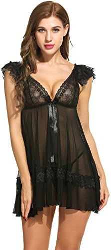 SloMes Sexy Lace Strapless For Women Nightgown Oversized Hem Teddy Patchwork Lingerie Babydoll With G-String,Black,Small