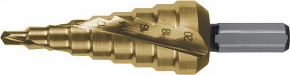 RUKO HSS Spiral Fluted Step Drill Bit with Split Point, Tin Finish, 4.0-20.0 mm Diameter, Size 1, 75.0 mm Length, R101051T