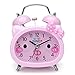 Plumeet Twin Bell Alarm Clock for Kids, Silent Non-Ticking Cartoon Quartz Loud Alarm Clock for Girls, Cute, Handheld Sized, Backlight, Battery Operated (Pink)