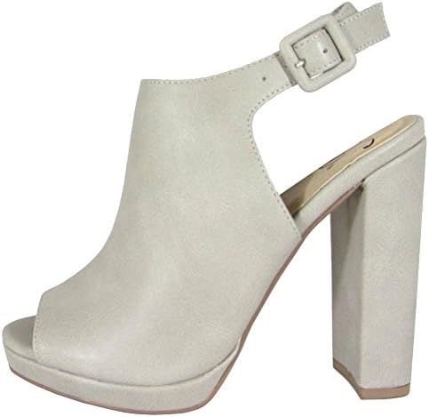 Delicious Women's Open Toe Sling Back Buckle Chunky Stacked Heel Ankle Bootie,9 B(M) US,Light Grey PU