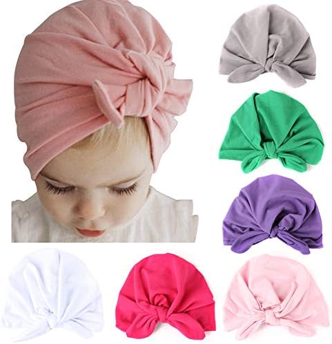 Yfstyle Baby Girl Hat with Rabbit Ears 6 Pcs Toddlers Hair Bows Headband Soft Elastic Turban Knotted Cap