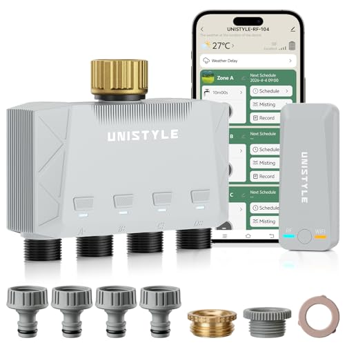 Unistyle Irrigation Computer WLAN 4 Outputs | New Edition 2026 - App Control, 5 Watering Plans, Precise Control, Alexa Voice Control, Automatic Watering for Garden & Plants