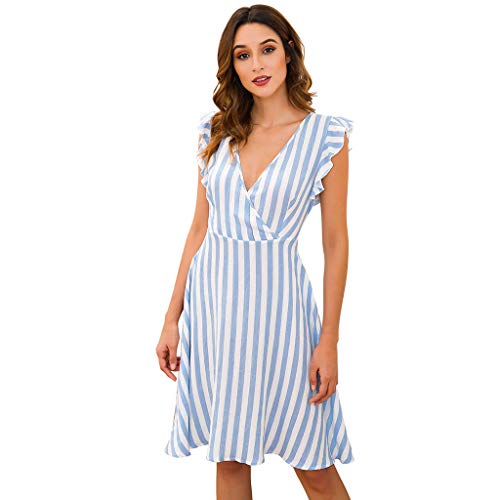 YFancy Women Dresses for Work Casual Stripe Print Zipper Mini Dress Ruffle Sleeveless Sexy V-Neck Loose Big Swing Dress Blue