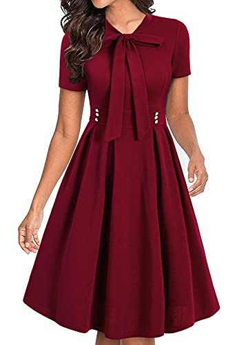 Yikomi Women's Summer Vintage Bow Tie Pockets Swing Casual Work Party Dress K208 (Wine Red 01, L)