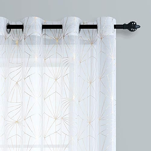 White and Gold Sheer Curtains 84 Inch Length for Bedroom Geometric