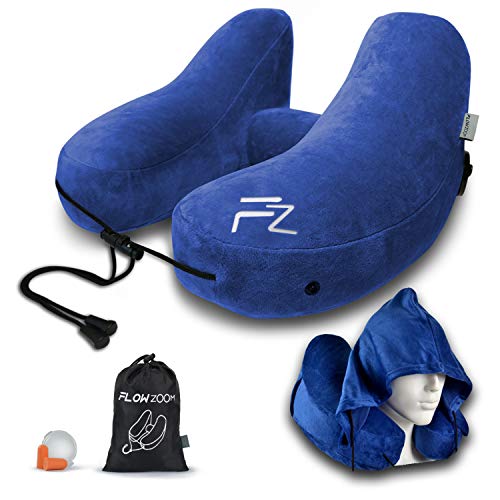 FLOWZOOM Inflatable Travel Pillows for Airplanes - Hooded Travel Neck Pillow Airplane - Adjustable Airplane Travel Pillow with Hood for Long Flight - Plane Pillow - Flight Pillow - Size L, Blue