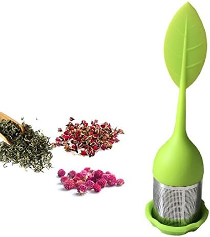 Extra Fine Mesh Tea Infuser - 18/8 Stainless Steel Fine Mesh Tea Cup Filter with BPA-Free Silicone Leaf Handle and Drip Tray - Perfect Tea Balls Tea Strainers for All Types Loose Leaf Tea, (Green 1pk)