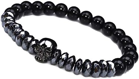 Men’s Double Strand Stretch Bracelet with Hexagonal Gunmetal Beads and Skull Charm Handmade