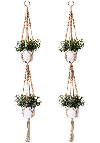 Macrame Plant Hangers, PEMOTech 50 Inch Double Hanging Plant Holder, Plant Hangers Hold Up 45 Pound Plant Pot, Handmade Natural Jute Fiber (Pack of 2) - Thumbnail 7