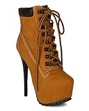 Breckelles AH55 Women Nubuck Almond Toe Platform Stiletto Heel Ankle Bootie, Camel