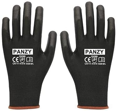 Panzy Pack of 12 or 24 Black Safety Work Gloves, Outdoors PU and Nylon Non-Slip Work Handling Gloves, Good Dexterity Protective Gloves (12, XXlarge (11))