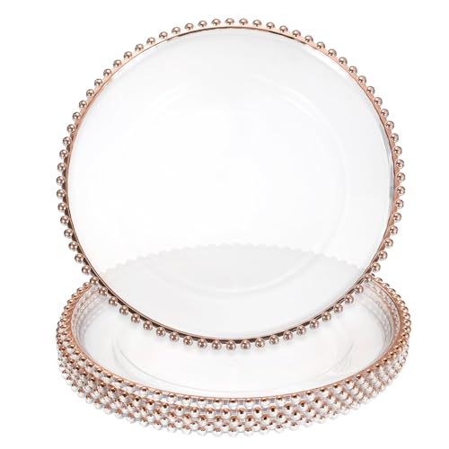 sourcing map 6 transparente Platzteller, 33 cm, Kunststoff, rund, mit Perlenbesatz, Abendessen, Dessertteller für Hochzeit, Party, Event, Tischdekoration, Roségold