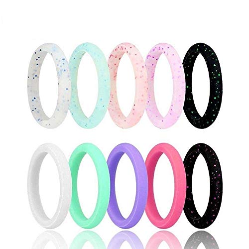 Aolvo Silicone Wedding Ring for Women Affordable Fashionable Silicone Rubber Wedding Bands - Glitter Purple White Turquoise Black Blue Pink Rose Red, Comfortable Fit & Skin Safe, 10 Pack, 2.7mm Wide