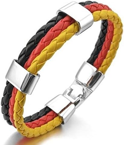 CargoMix Men’s Stainless Steel Genuine Leather Bracelet in Silver Black Red Gold German Flag Colours Braided Gothic Biker Stylish Bracelet PU Leather Wrist Band Cord Bracelet Football Fan Merchandise World Cup & European Championship Countries Braided Style