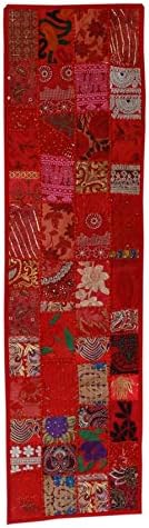 Indian Handmade Vintage Patchwork Table Runner Bohemian Wall Hanging 150cmx40cm (Red)