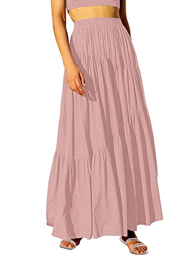 ANRABESS Women’s Boho Elastic High Waist Pleated A-Line Flowy Swing Asymmetric Tiered Maxi Long Skirt Dress with Pockets