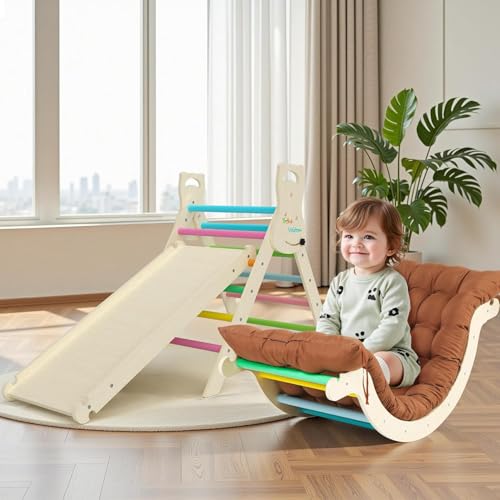 Yrthe Voitom Children's Climbing Ark Montessori Baby, 7 in 1 Wooden Climbing Triangle with Arch, Slide Ladder Cushion Slide, Baby Motor Skills for Toddlers 1 Years+ (Colour)