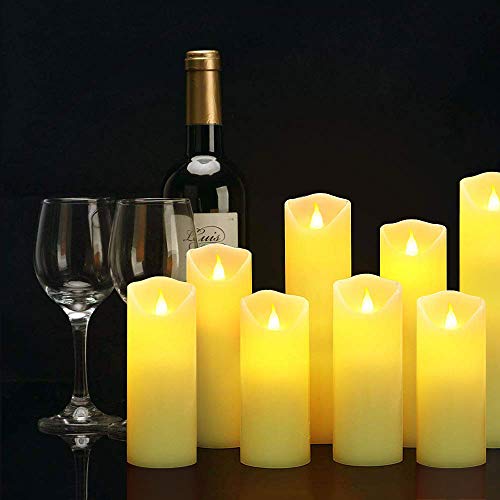 Da by Flameless Candles, Led Candles Set of 9(H 5" 5.5" 6" 7" 8" 9" xD 2.1") Ivory Real Wax Battery Candles (Batteries not Incl) with 2 Remote Timers
