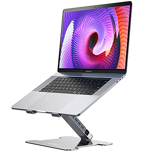 ORICO Soporte ajustable para computadora portátil con concentrador USB 3.0 de 4 puertos, elevador de computadora de aluminio compatible con MacBook Air Pro, Dell XPS, computadora portátil y tableta de 10-15.6 (plata)
