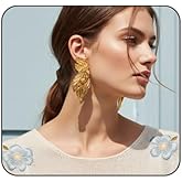 Chunky Gold Leaf Dangle Drop Earrings Vintage 14K Golden Plated Earrings Irregular Geometry Earring Boho Textured Leaves Statement Earring Party Fashion Jewelry Accessories for Women