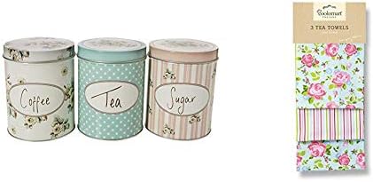Katie Alice “Cottage Flower” 3 Piece Set of Large Coffee, Sugar & Tea Storage Tins by Creative Tops – 4.21" x 5.1" (10.7 x 13 cm) & Cooksmart Cotton Tea Towels, Vintage Floral, Pack of 3