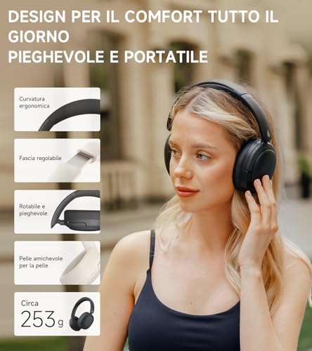 W800BT Pro Cuffie Cancellazione Attiva del Rumore Ibrida, Bluetooth 5.4, Hi-Res Audio, Riduzione del Rumore delle Chiamate AI, 45 Ore Autonomia, Ricarica Rapida, Pieghevole - Nero