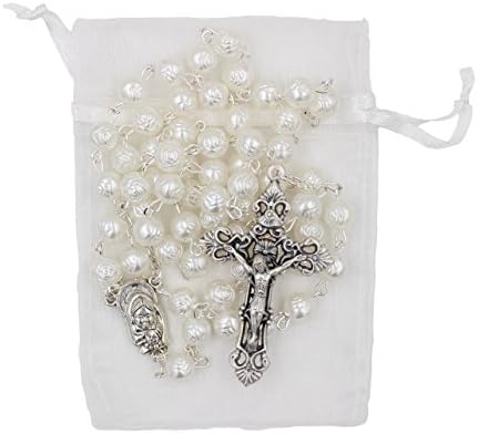 Bundle: 7mm White Rose Shaped Bead Rosary with Organza Storage Bag