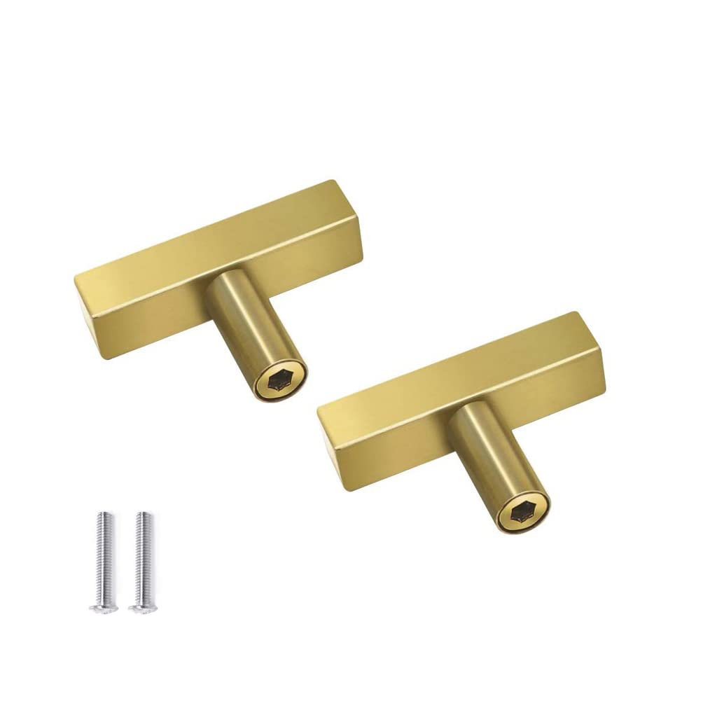 SYDARSYN 2 Pcs Gold Cupboard Handles Stainless Steel Square T Bar Cabinet Handles Kitchen Drawers Knobs Pull Handles Furniture Bathroom Door Handles Single Hole