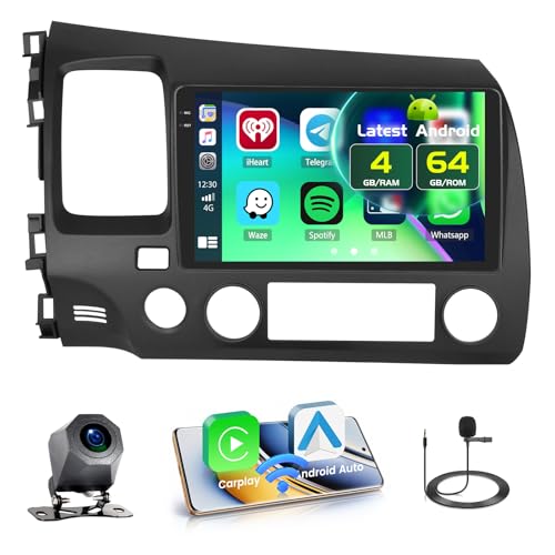 Fuluku 4+64GB Android 15 Car Stereo for Honda Civic 2006-2011 Wireless Carplay Android Auto, 9 Inch Incell Touch Screen Car Stereo with GPS, Backup Camera, Bluetooth, FM/RDS, EQ, WiFi, SWC