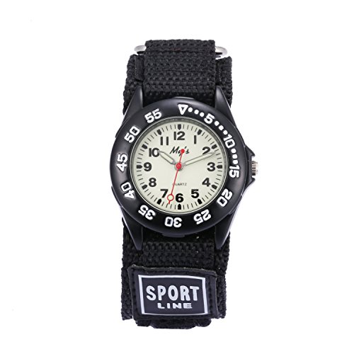 Kids  Student Fabric Canvas Band Luminous Velcro Sports Watch Black