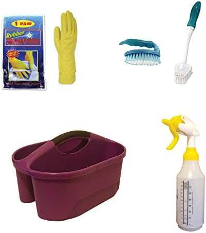 Cleaning Caddy &amp; Scrub Brush Set &amp; 1 pair - One Size Fits All Rubber Gloves &amp; 1 - 32oz Commercial, empty spray bottles