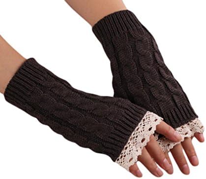 CMrtew Women Girl Knitted Fringe Warm Wrist Gloves (Brown)