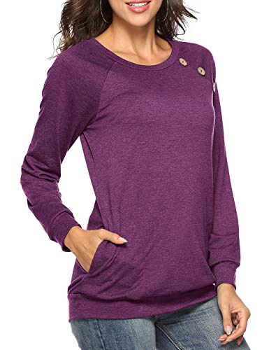 Womens Button Long Sleeve Tops Casual Blouses T-Shirt Round Neck Pockets Top WineRed M - Thumbnail 3