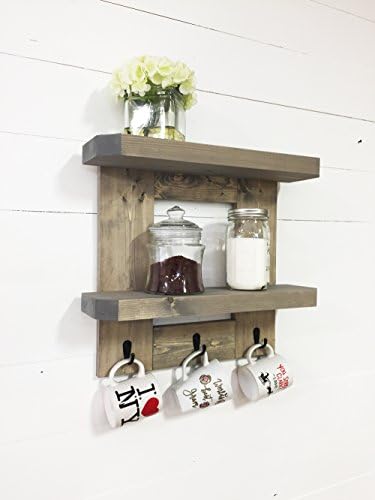 Rustic Wooden Kitchen Shelf / Coffee Shelf with Mug Hooks by Mountain Creek Woodworks (Classic Gray)
