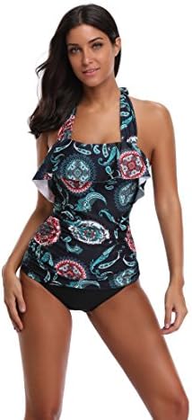 Niuer Women's Two Pieces Backless Neck Halter Flounce Design Printed Tank Top Swimsuite Swimwear Tankini Set Green Size XL