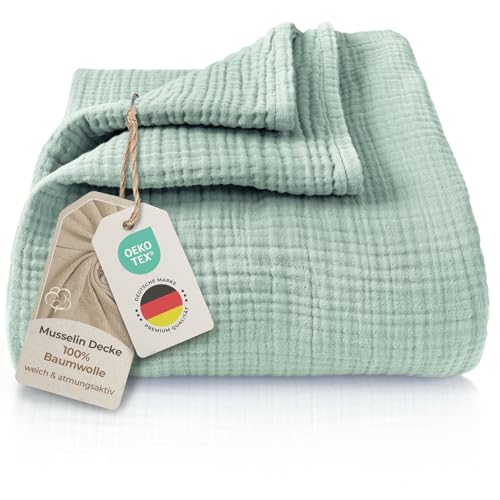 LAYNENBURG Premium Musselin Tagesdecke 150x200 cm - 100% Baumwolle - extraweiche, leichte Sommerdecke als Kuscheldecke, Bett-Überwurf, Baumwolldecke,
