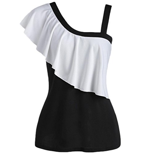 Click Here to See More Images NREALY Fashion Women Casual Ruffles Patchwork Two Tones Skew Collar T-Shirt Tops Blouse