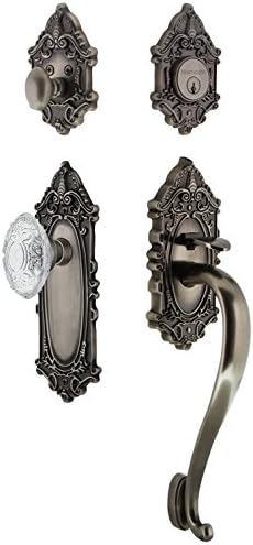 Nostalgic Warehouse 756049 Plate S Grip Entry Set Crystal Victorian Knob, 2.75" Backset, Antique Pewter